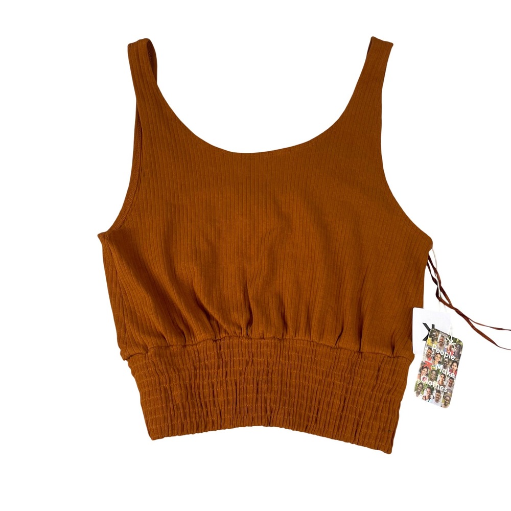 Known Supply Rust Orange Ribbed Smocked Hem Crop Top Tank XL New